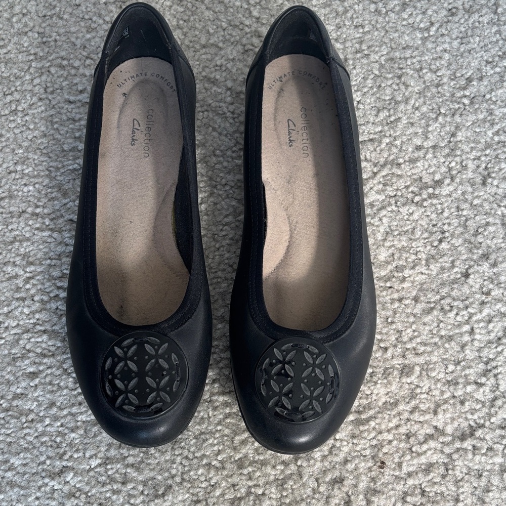 Clarks Black Flats with Decorative Toe